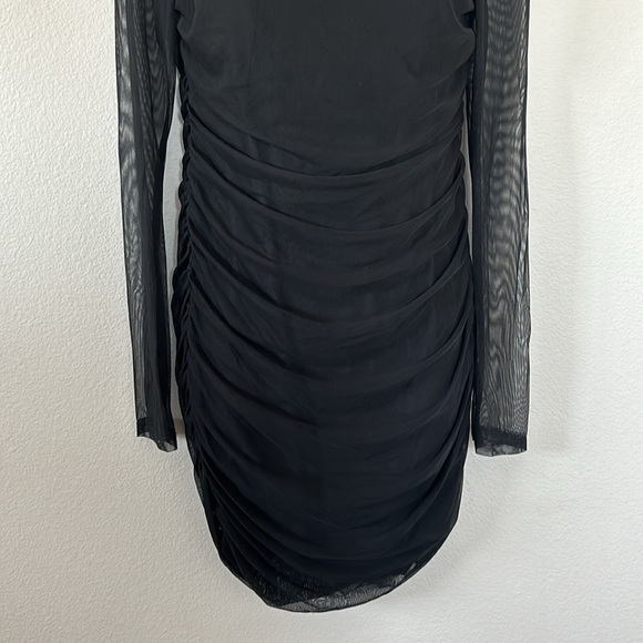 Princess Polly Charvi Black Mesh Long Sleeve Square Neck Ruched Mini Dress - Picture 6 of 11